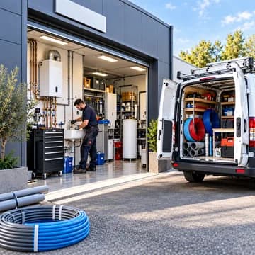 Plombier au travail sur une installation sanitaire, exemple de visuel pour un site de plombier à Caen